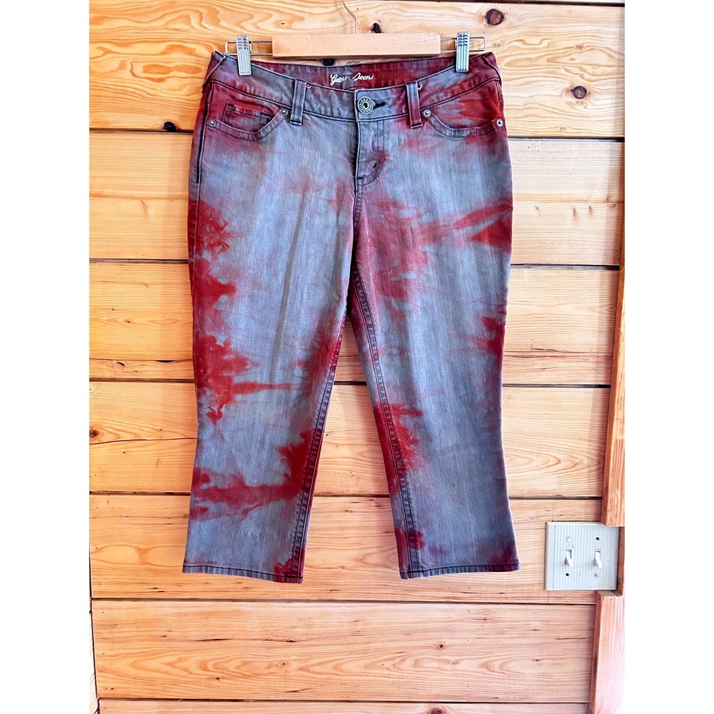 Vintage Tie Dye Capri Jeans Womens 29 Red Grey Excellent Grunge Punk‎ GUESS